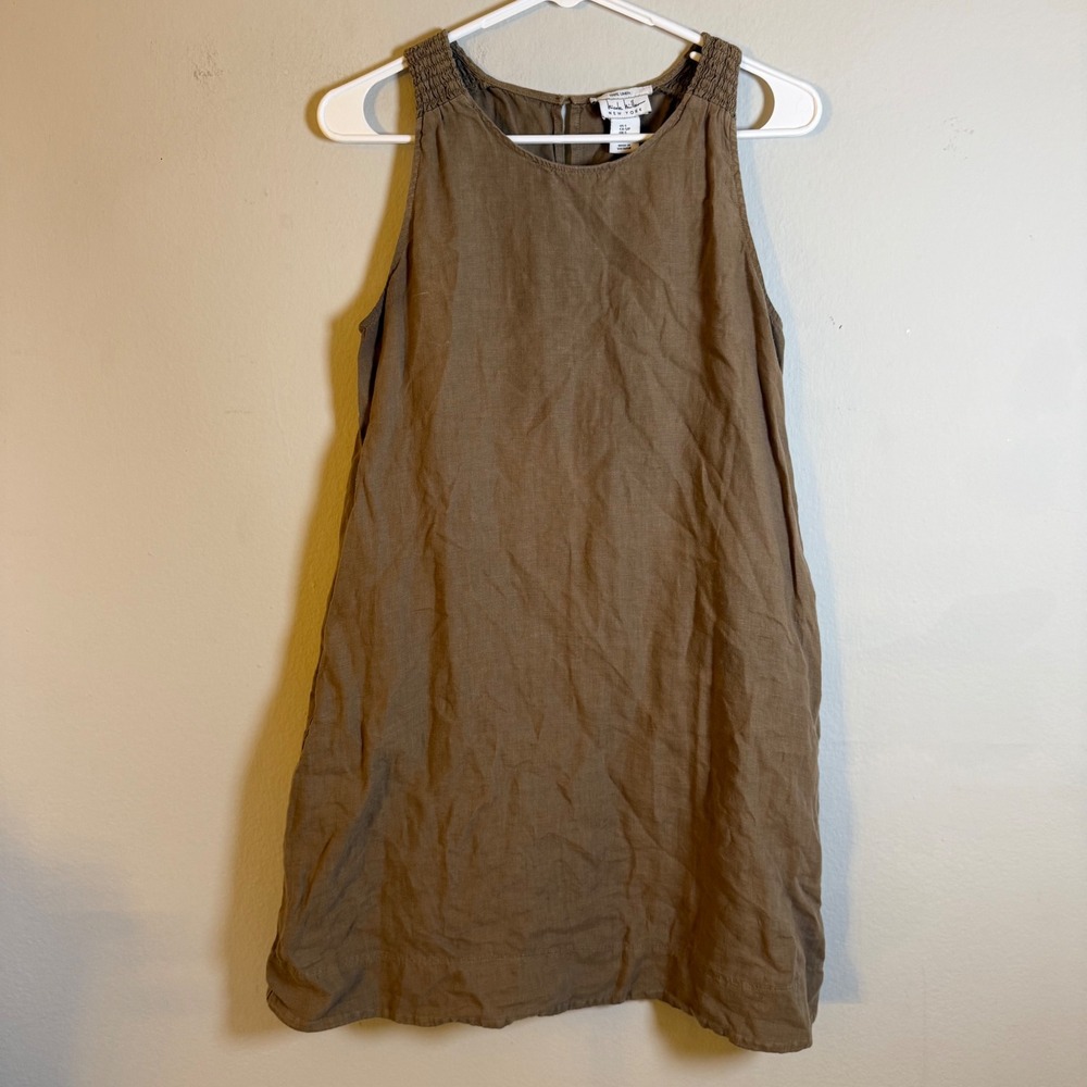 Nicole Miller New York Brown 100% Linen Smocked Shoulder Shift Dress Pockets S